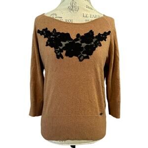 Adolfo Dominguez neutral tan black lace sheer sweater top boat neck sz L